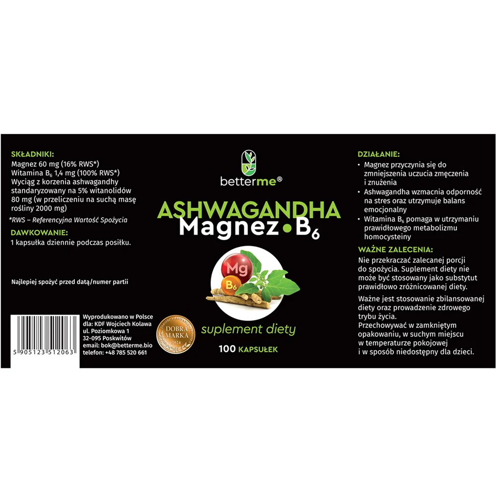 Ashwagandha Magnez B6 suplement diety na zmęczenie i stres 100 kapsułek - Image 3