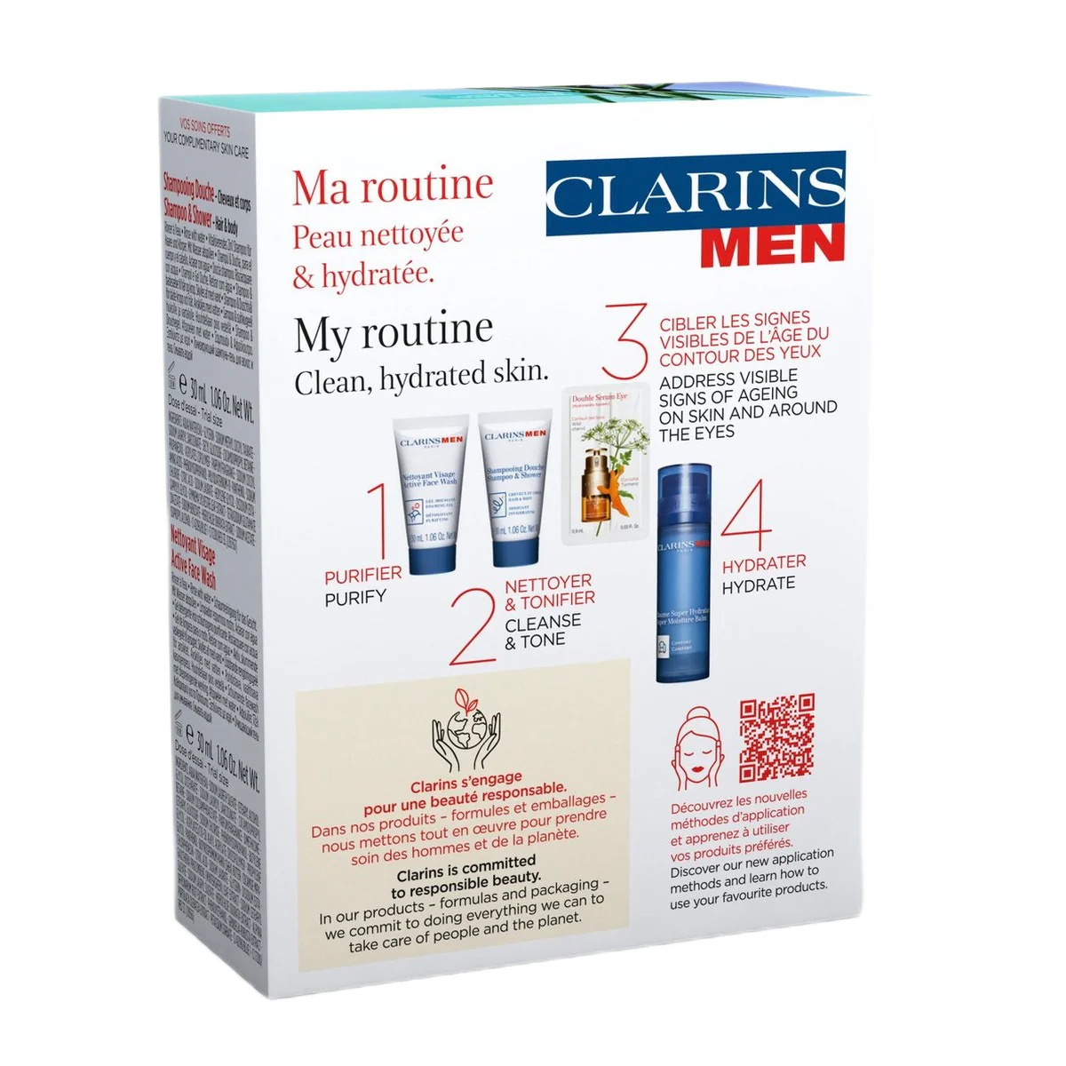 ClarinsMen zestaw balsam nawilżający 50ml + żel pod prysznic 30ml + żel do mycia twarzy 30ml + serum pod oczy 0.9ml - Image 2