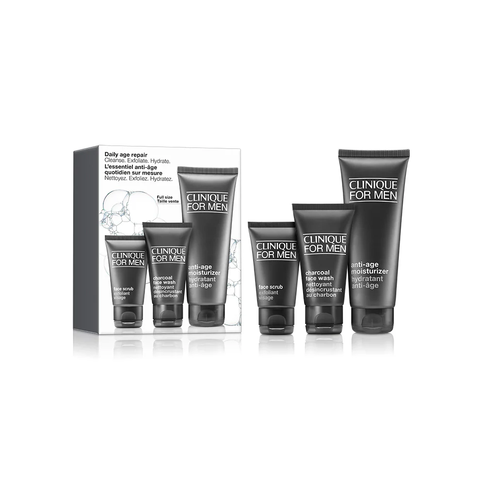 Clinique For Men Daily Age Repair zestaw krem nawilżający 100ml + peeling do twarzy 30ml + żel do mycia twarzy 50ml