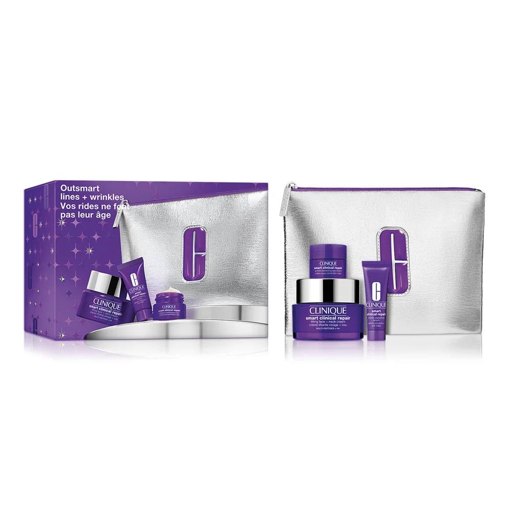Outsmart Lines + Wrinkles zestaw przeciwstarzeniowy krem do twarzy i na szyję 50ml + przeciwstarzeniowe serum 10ml + przeciwstarzeniowy krem pod oczy 5ml + kosmetyczka