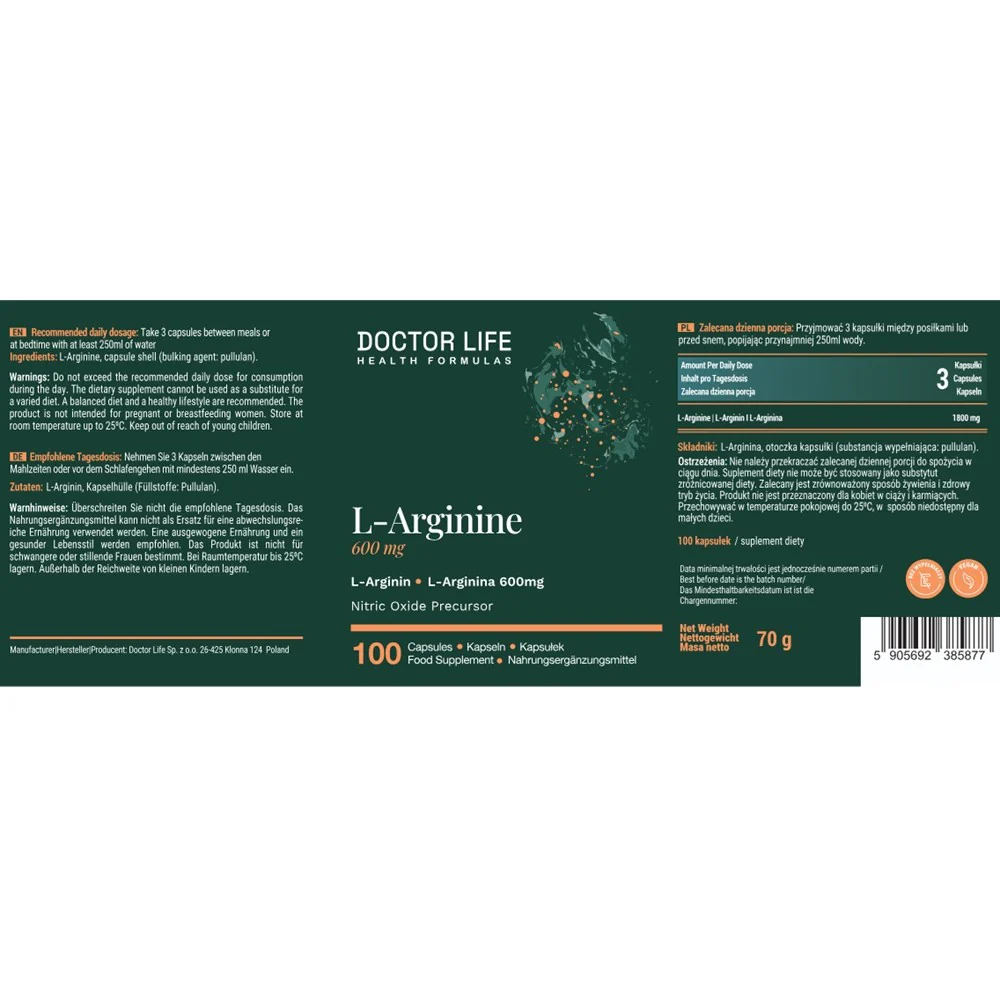L-Arginine 600mg suplement diety 100 kapsułek - Image 2