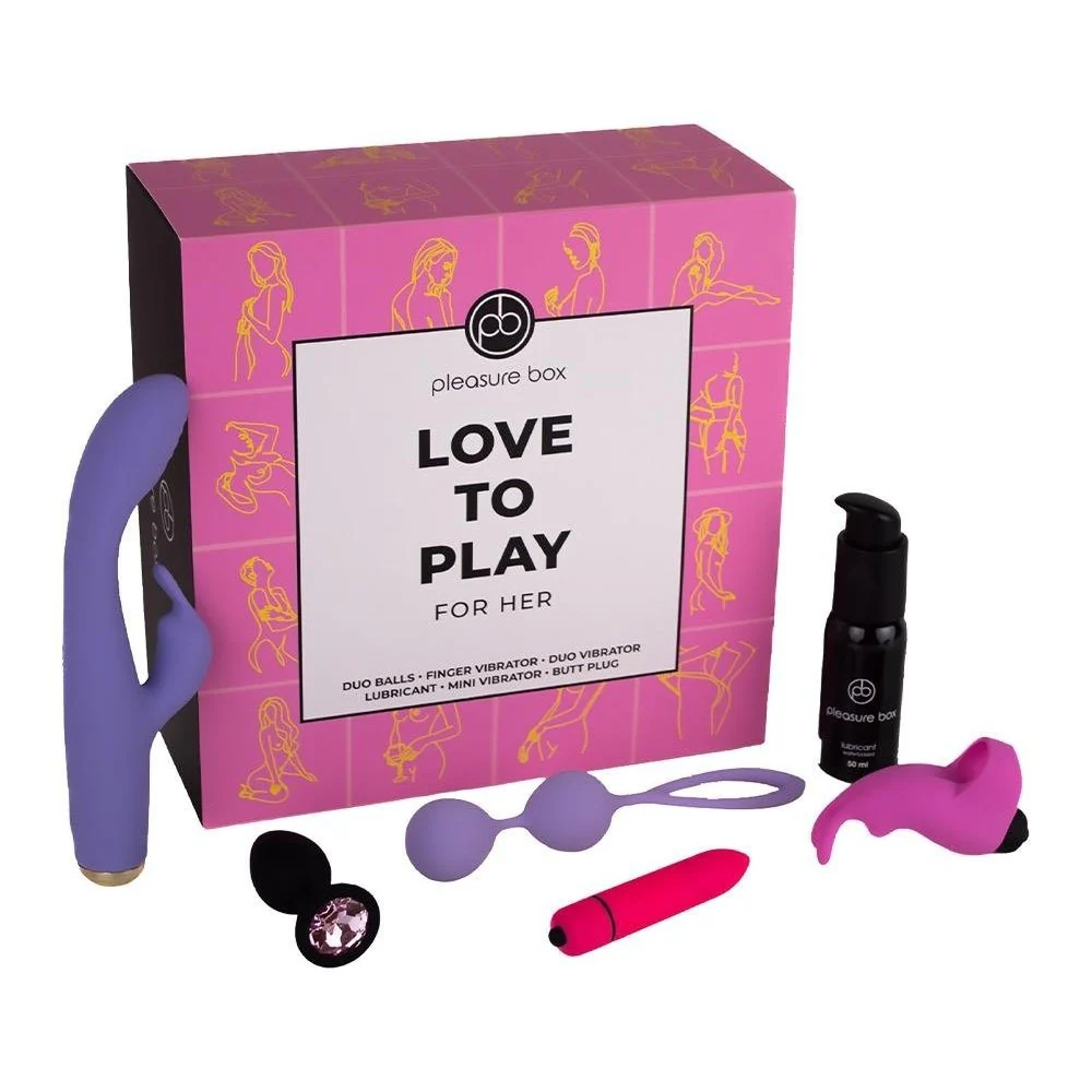 Pleasure Box Love to Play zestaw Duo Love Balls kulki gejszy + Finger Vibrator wibrator na palec + Anal Plug korek analny + Rabbit Vibrator wibraor + lubrykant + Mini Vibrator wibrator + Velvet Pouch worek