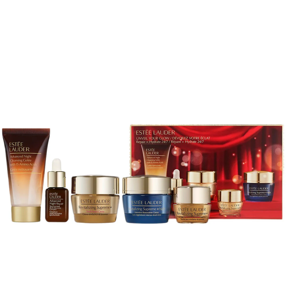 Unveil Your Glow zestaw żel oczyszczający do twarzy na noc 30ml + serum naprawcze 7ml + krem rewitalizujący 15ml + krem rewitalizujący na noc 15ml + krem pod oczy 5ml
