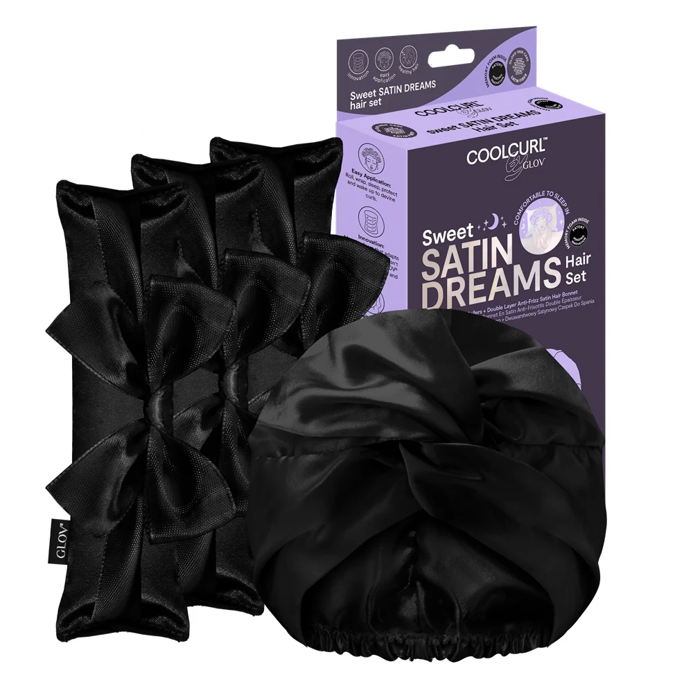 Sweet Satin Dreams zestaw wałki do kręcenia włosów na zimno 3szt + dwuwarstwowy satynowy czepek do spania 1szt Black