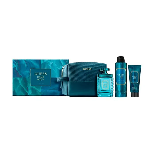 Uomo Acqua zestaw woda toaletowa spray 100ml + dezodorant spray 226ml + żel pod prysznic 100ml + kosmetyczka
