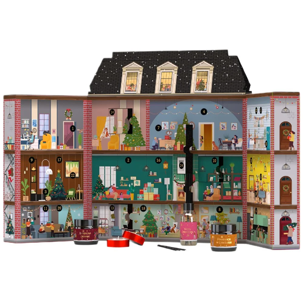 Kamienica Kalendarz Adwentowy świeczki tealight 11x15ml + świeczki sojowe w słoiczkach 11x30ml + dyfuzor zapachowy 80ml + zapałki do świec - Image 2