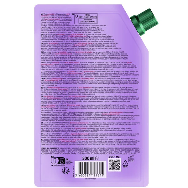 Elseve Hydra Hyaluronic szampon wypełniający nawilżeniem w opakowaniu uzupełniającym 500ml - Image 2