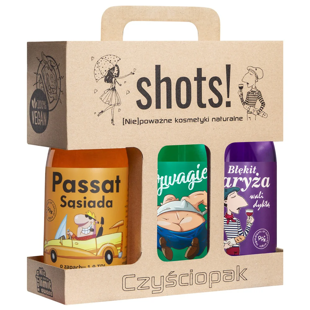 Czyściopak Shots! Męski zestaw Passat Sąsiada żel pod prysznic 500ml + Szwagier żel pod prysznic 500ml + Błękit Paryża żel pod prysznic 500ml
