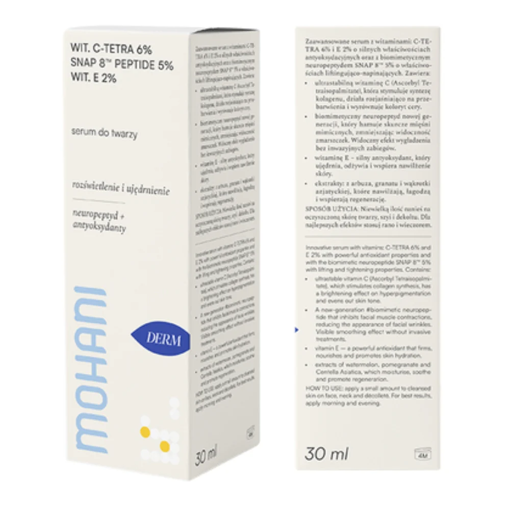 Napinająco-rozświetlające serum do twarzy z ultrastabilną witaminą C TETRA 6% neuropeptydem SNAP 8™ Peptide 5% i witaminą E 2% 30ml - Image 2
