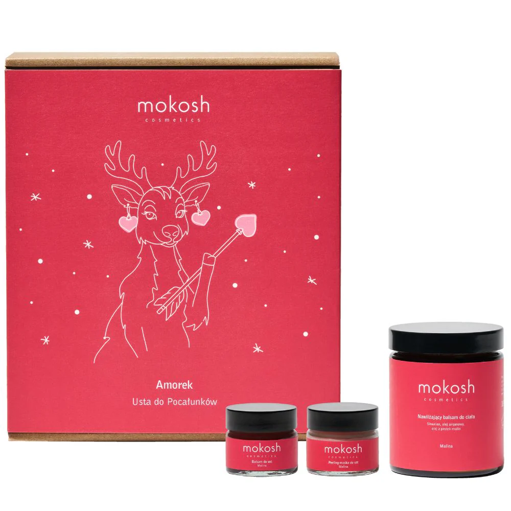 Amorek Usta do Pocałunków zestaw balsam do ust 15ml + peeling do ust 15ml + nawilżający balsam do ciała 180ml