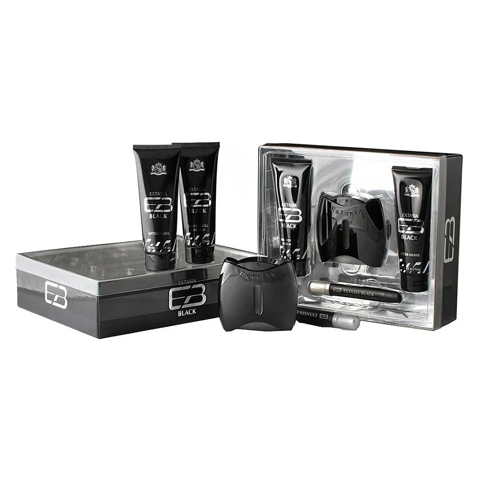 Extasia Black zestaw woda toaletowa spray 100ml + balsam po goleniu 130ml + żel pod prysznic 130ml + woda toaletowa spray 15ml