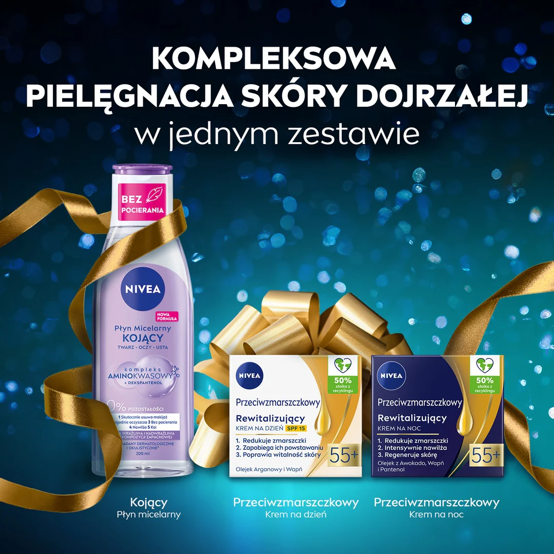 Beauty Care zestaw rewitalizujący krem na dzień SPF15 55+ 50ml + rewitalizujący krem na noc 55+ 50ml + kojący płyn micelarny 200ml - Image 2