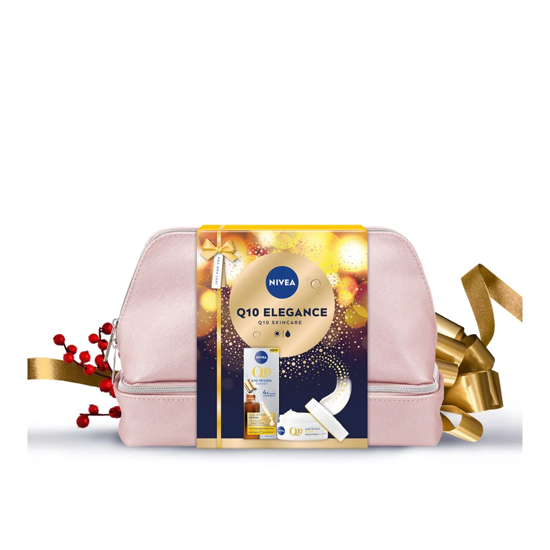 Q10 Elegance zestaw podwójnie aktywne serum do twarzy 30ml + ujędrniający krem na dzień SPF15 50ml + kosmetyczka - Image 3