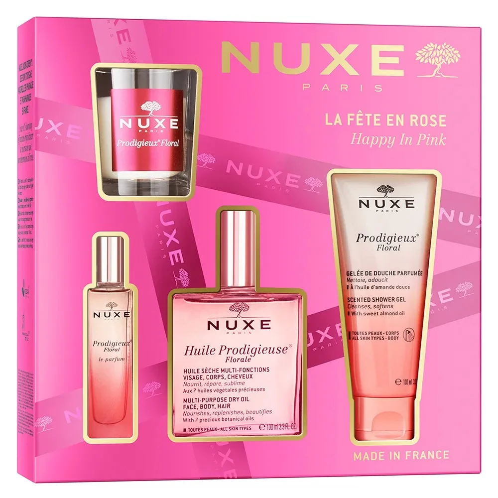 Happy In Pink zestaw suchy olejek regenerujący 100ml + żel pod prysznic 100ml + perfumy 15ml + świeca zapachowa 60g