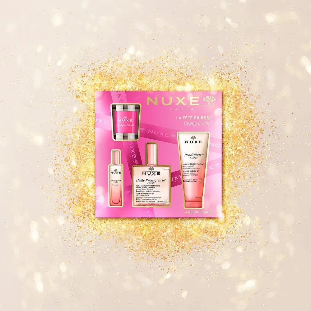 Happy In Pink zestaw suchy olejek regenerujący 100ml + żel pod prysznic 100ml + perfumy 15ml + świeca zapachowa 60g - Image 2