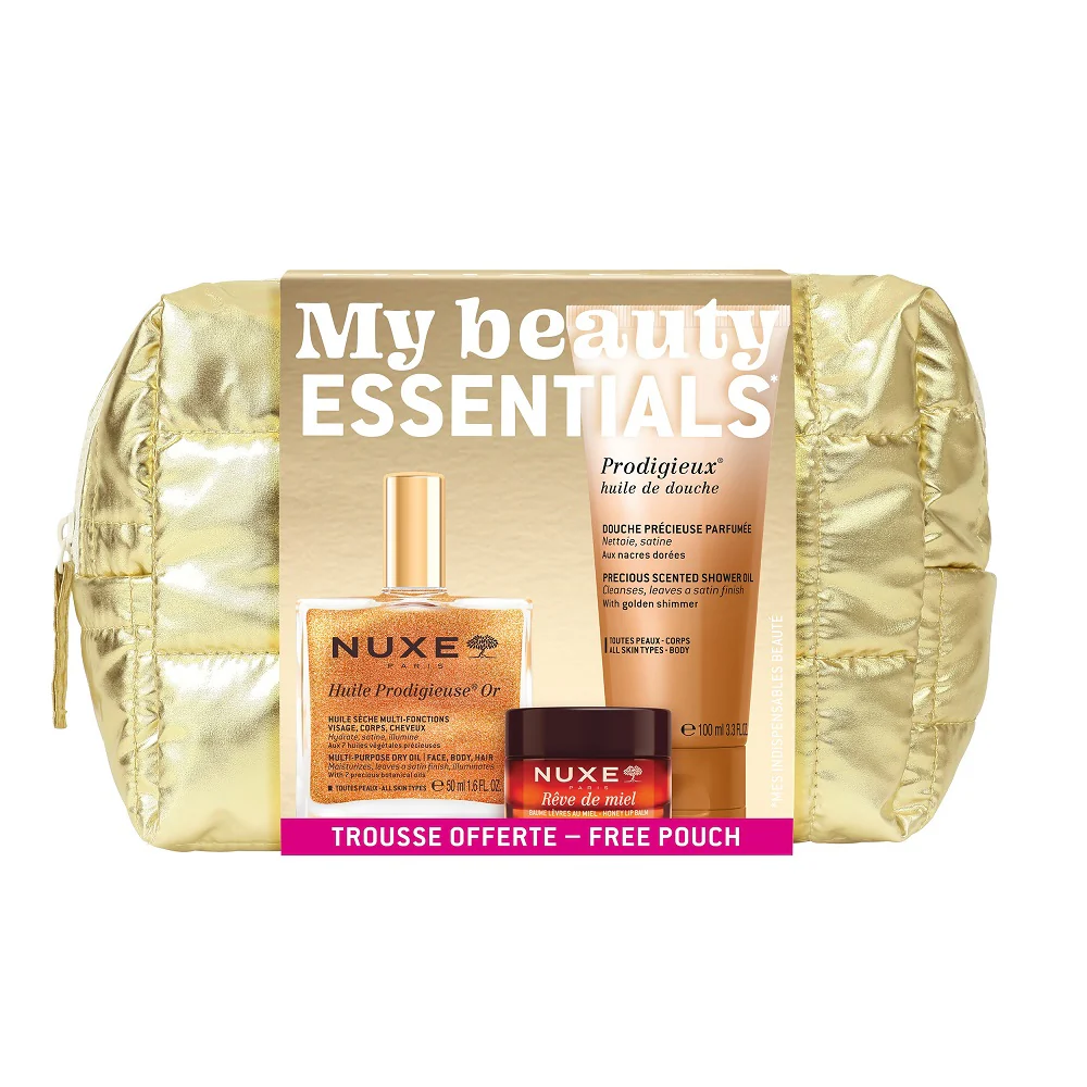My Beauty Essentials zestaw olejek ze złotymi drobinami 50ml + olejek pod prysznic 100ml + balsam do ust 15g