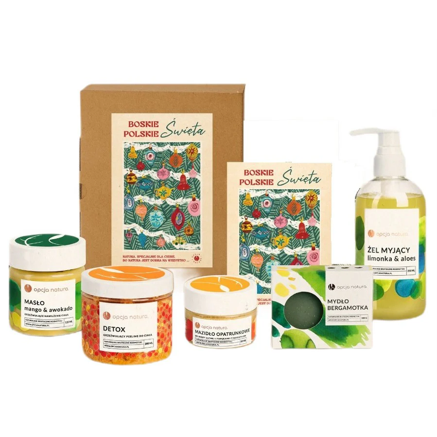 Boskie Polskie Święta zestaw masło do ciała Mango i Awokado 120g + mazidło opatrunkowe na otarcia i oparzenia 50ml + peeling do ciała Detox 200ml + żel myjący Limonka i Aloes 250ml + mydło Bergamotka 100g