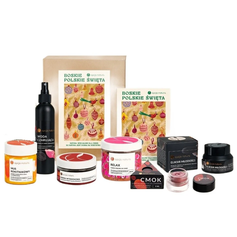 Boskie Polskie Święta zestaw woda czarująca 100ml + słodki peeling do ciała 200ml + ochronne masło do ust z żurawiną 5ml + eliksir młodoścI 50ml + mus rokitnikowy do ciała 120ml + maseczka do twarzy z glinką czerwoną 100ml