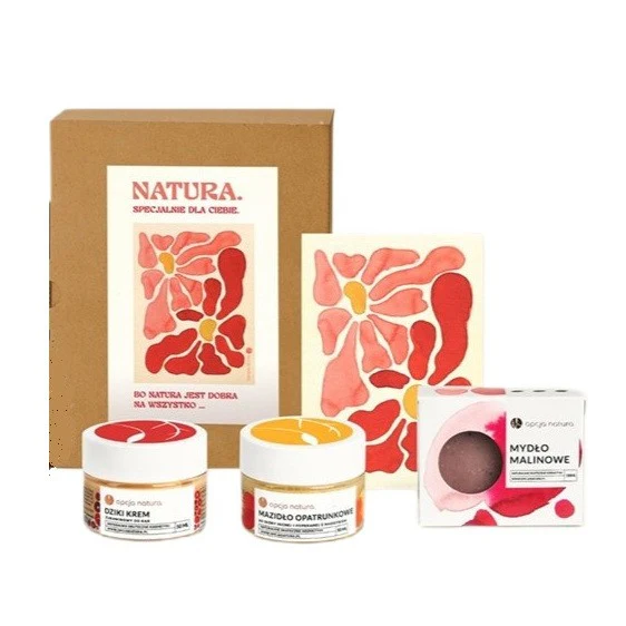 Natura zestaw mydło malinowe 100g + dziki krem żurawinowy do rąk 50ml + mazidło opatrunkowe do skóry suchej i popękanej z nagietkiem 50ml