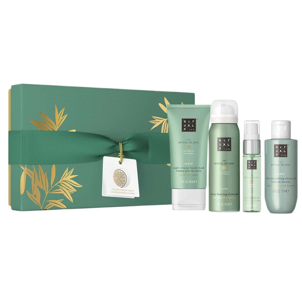 The Ritual of Jing zestaw pianka pod prysznic 50ml + maska do rąk 50ml + mgiełka do pościeli i ciała 20ml + olejek pod prysznic 75ml