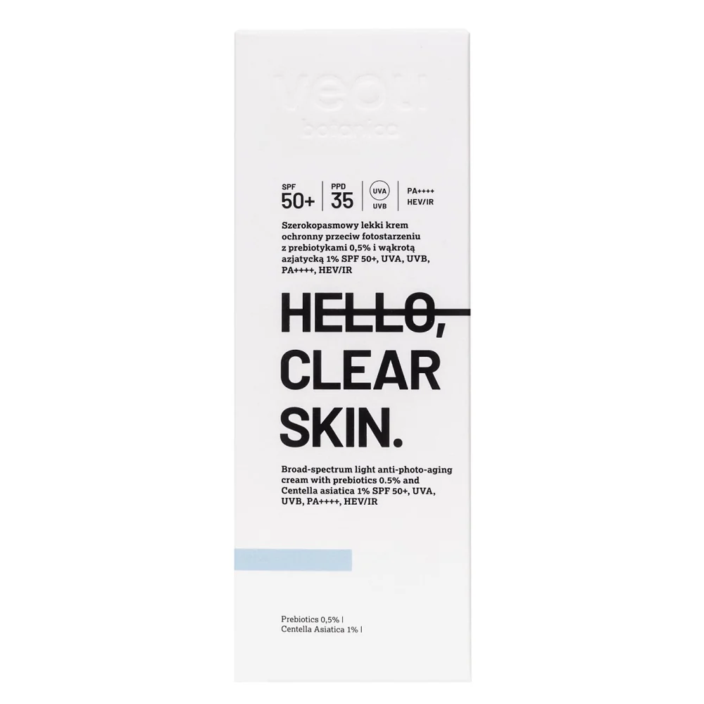 Hello Clear Skin szerokopasmowy lekki krem ochronny przeciw fotostarzeniu z prebiotykami 0.5% i wąkrotą azjatycką 1% SPF50+ 50ml - Image 2