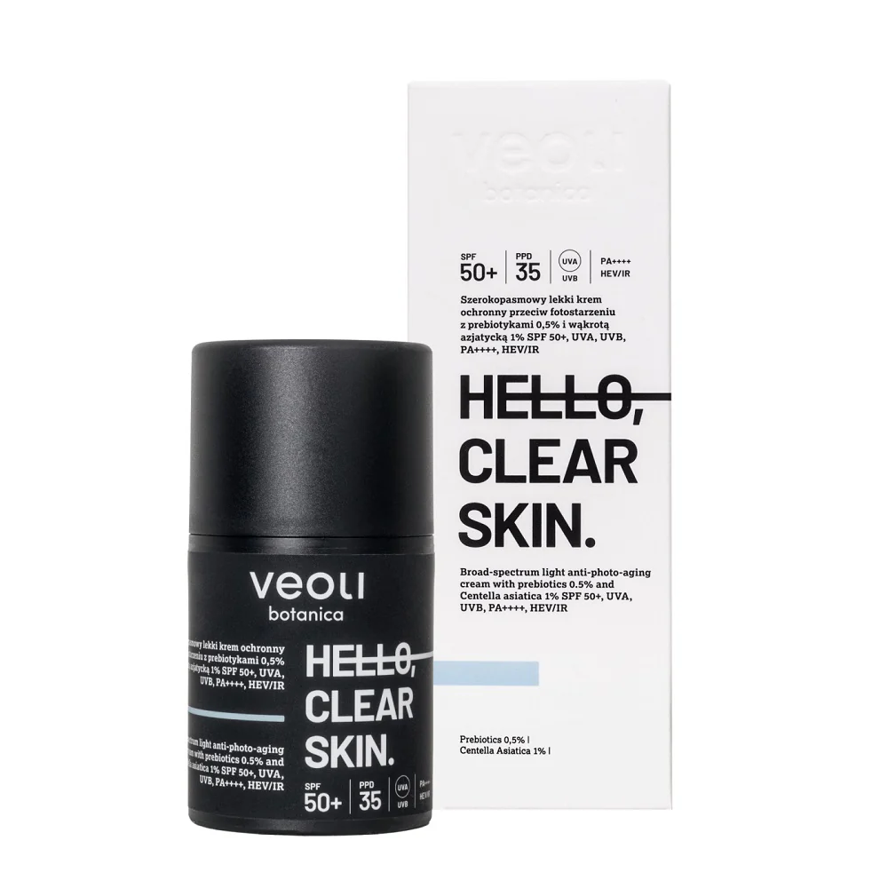 Hello Clear Skin szerokopasmowy lekki krem ochronny przeciw fotostarzeniu z prebiotykami 0.5% i wąkrotą azjatycką 1% SPF50+ 50ml - Image 4