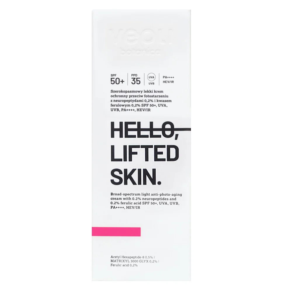 Hello Lifted Skin szerokopasmowy lekki krem ochronny przeciw fotostarzeniu z neuropeptydami 0.2% i kwasem ferulowym 0.2% SPF50+ 50ml - Image 3